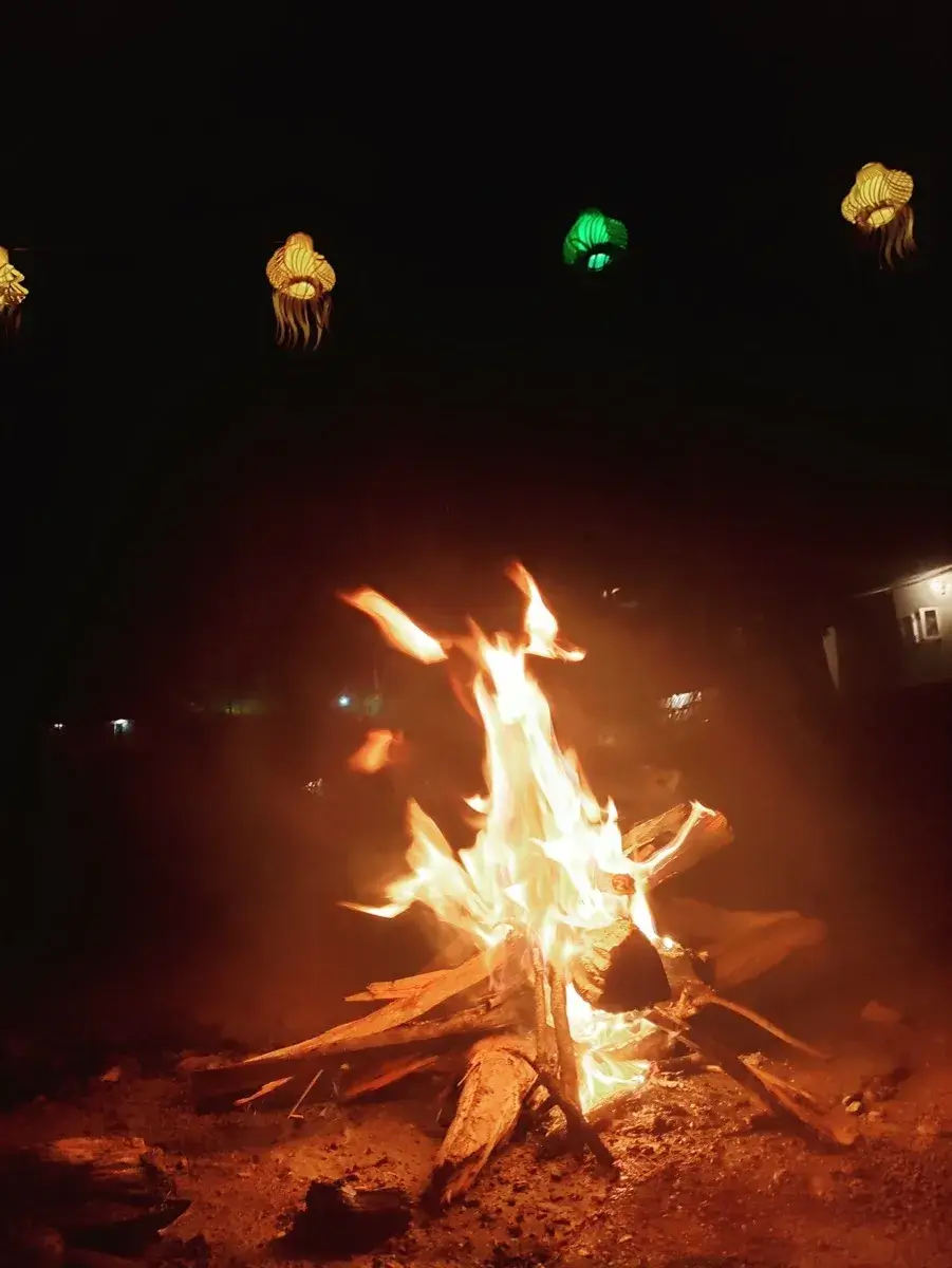 Bonfire night at Camp Roxx — families gather around the campfire under the stars