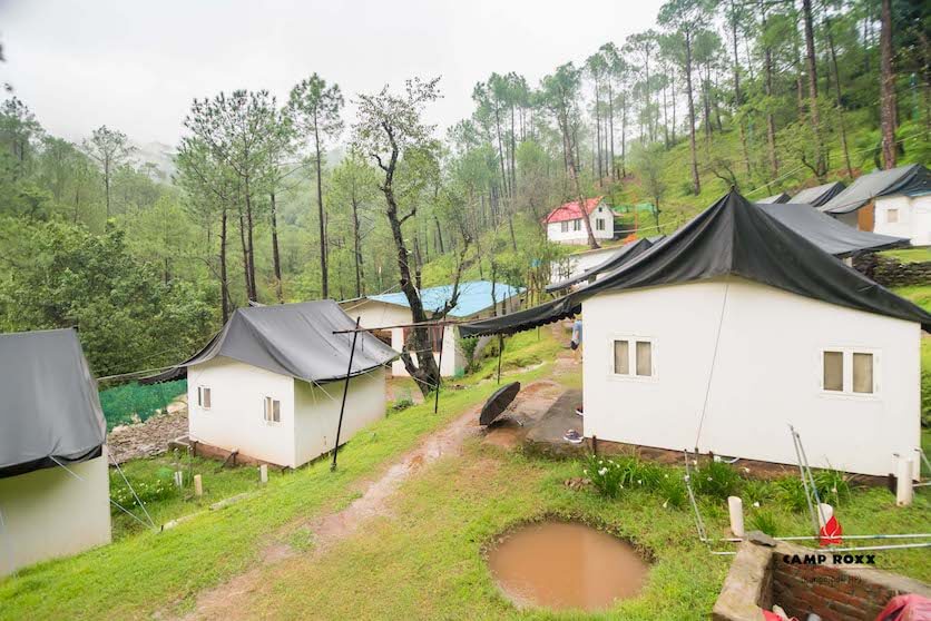 Camp Roxx cabins nestled in pine forest hills — family camping destination near Delhi